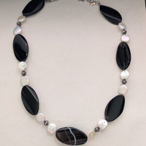 Vintage DONNA DRESSLER Black Agate Genuine Pearl 925 Sterling Silver Necklace